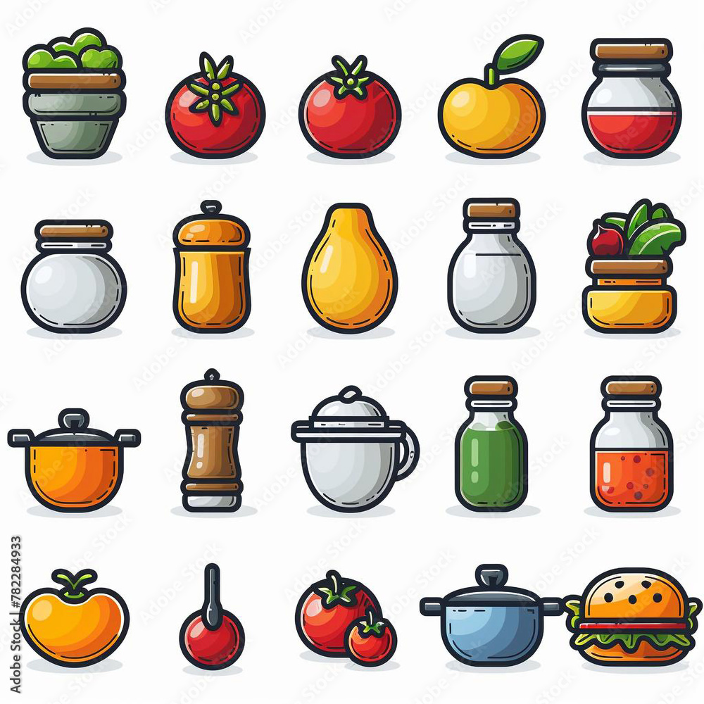 Image of a collection of colorful icons, each depicting items related to the kitchen. These icons can be used in various applications such as recipe websites, cooking apps, or food-related signs Image of a collection of colorful icons, each depicting items related to the kitchen. These icons can be used in various applications such as recipe websites, cooking apps, or food-related signs