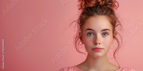 Captivating Redhead with a Playful Gaze and Vibrant Pink Backdrop photo