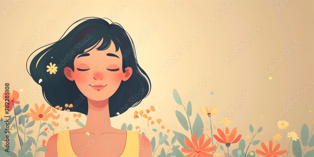 A Serene and Joyful Mother Figure Surrounded by Blooming Flowers and Lush Greenery Exuding a Calming Presence