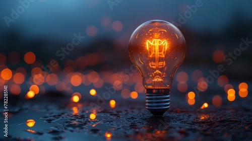 Illuminated light bulb on a wet surface with bokeh background