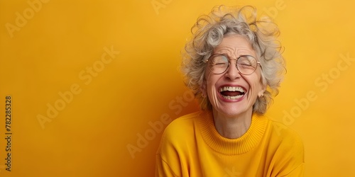 Exuberant Elderly Woman with Joyful Radiant Laughter on Bright Yellow Background photo