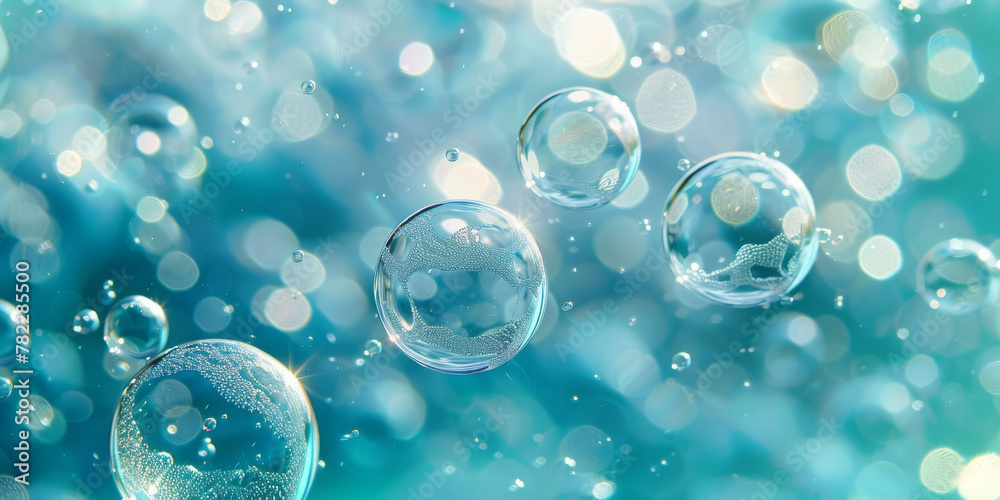 Sparkling Transparent Bubbles Floating on a Dreamy Aqua Backdrop