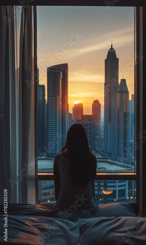 back view of young woman wake up at luxury hotel room or apartment  person by panoramic window  city and skyscrapers