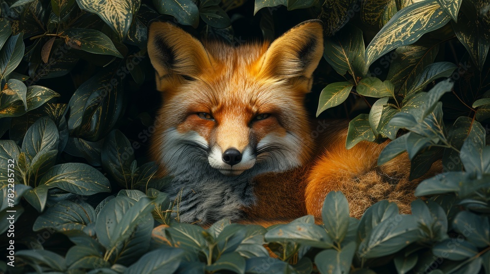 Fototapeta premium Red fox peeking through lush green leaves