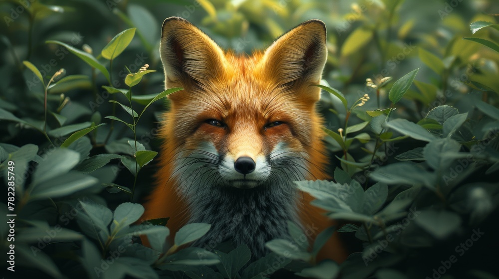 Fototapeta premium Red fox peeking through green foliage