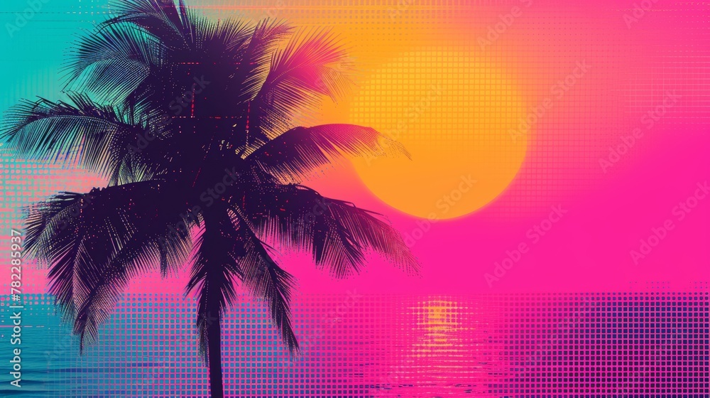 Retro style vaporwave palm tree at sunset