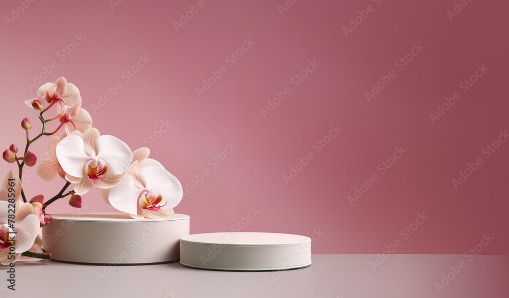 Сylinder podium display or showcase mockup for product on pink background with orchids Сylinder podium display or showcase mockup for product on pink background with orchids