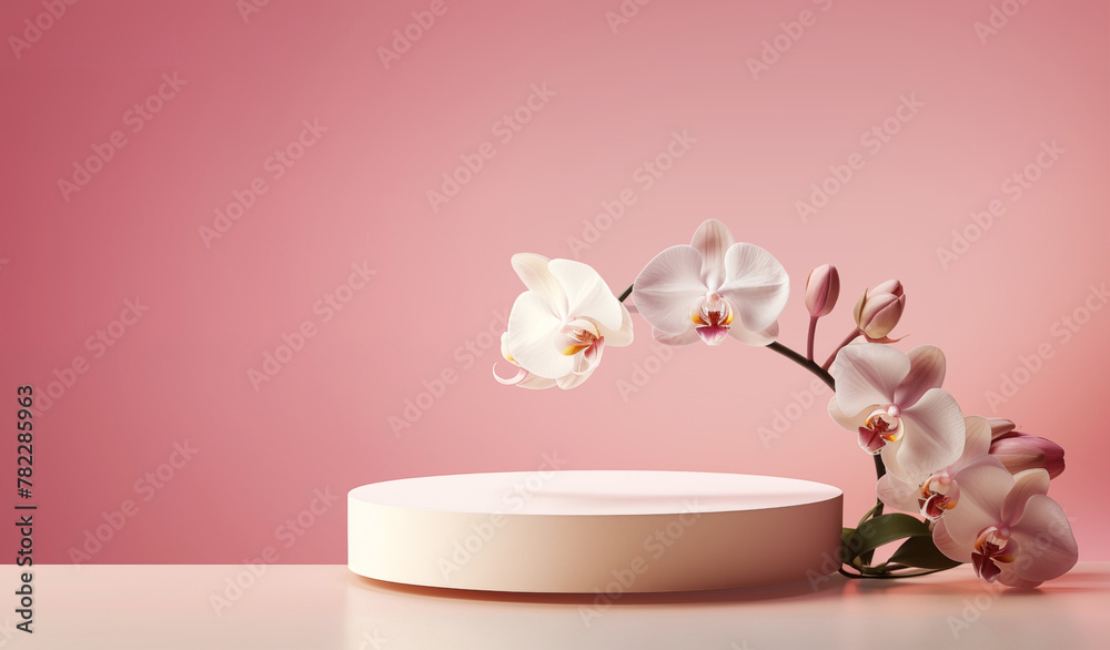 Сylinder podium display or showcase mockup for product on pink background with orchids
