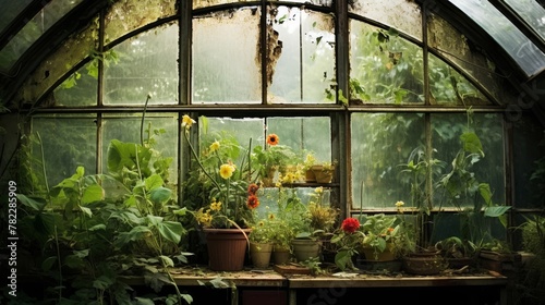 Decayed greenhouse window in disrepair