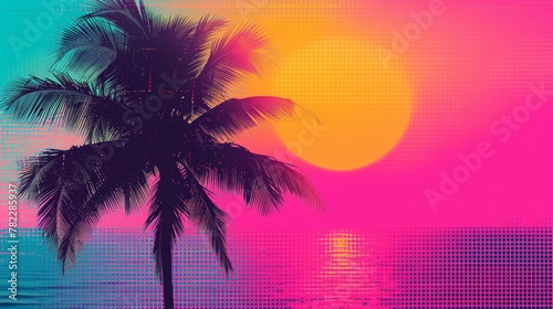 Retro style vaporwave palm tree at sunset © cac_tus
