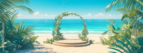 Sunny beach with palm leaves and tropical plants  empty podium for product presentation on sand background 