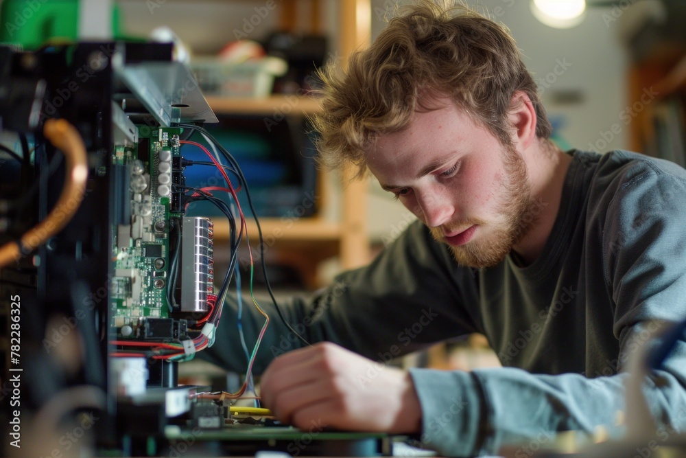 Concentrated young adult assembling components inside a computer case with precision tools Concentrated young adult assembling components inside a computer case with precision tools