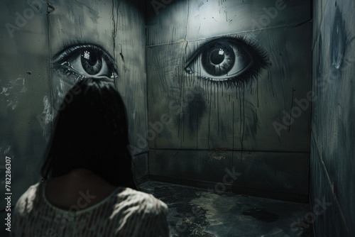 Artistic portrayal of a woman with mental illness looking at large, painted eyes on a gloomy wall © Minerva Studio