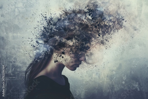 Visual representation of a woman with her head disintegrating, conveying the struggles of mental illness © Minerva Studio