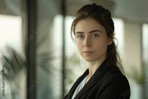 Poised young woman in business attire exudes confidence in a modern office setting