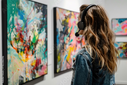 Woman wearing a headset microphone views colorful abstract paintings in an art gallery