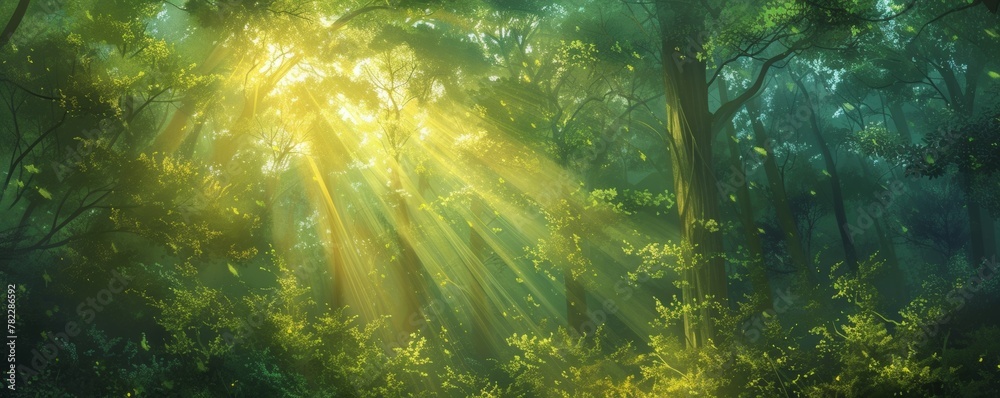Obraz premium Sunlight streaming through a lush green forest