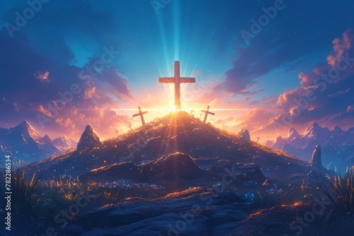 three crosses on the hill, with beams shining down from behind them #782286534
