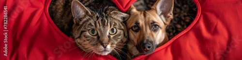 Charming Cat and Dog Duo Peeking Through Red Heart Shape