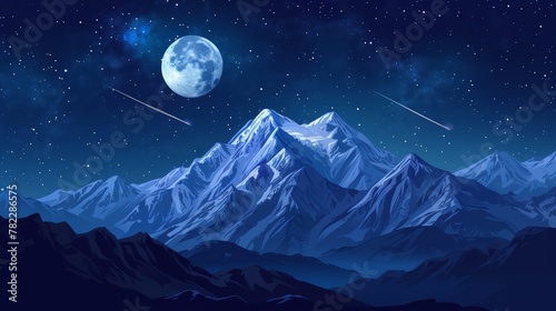 Starry night sky over snowy mountain peaks with full moon and shooting stars photo
