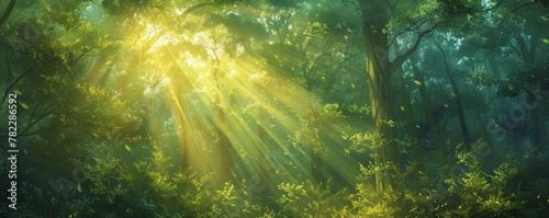 Sunlight streaming through a lush green forest