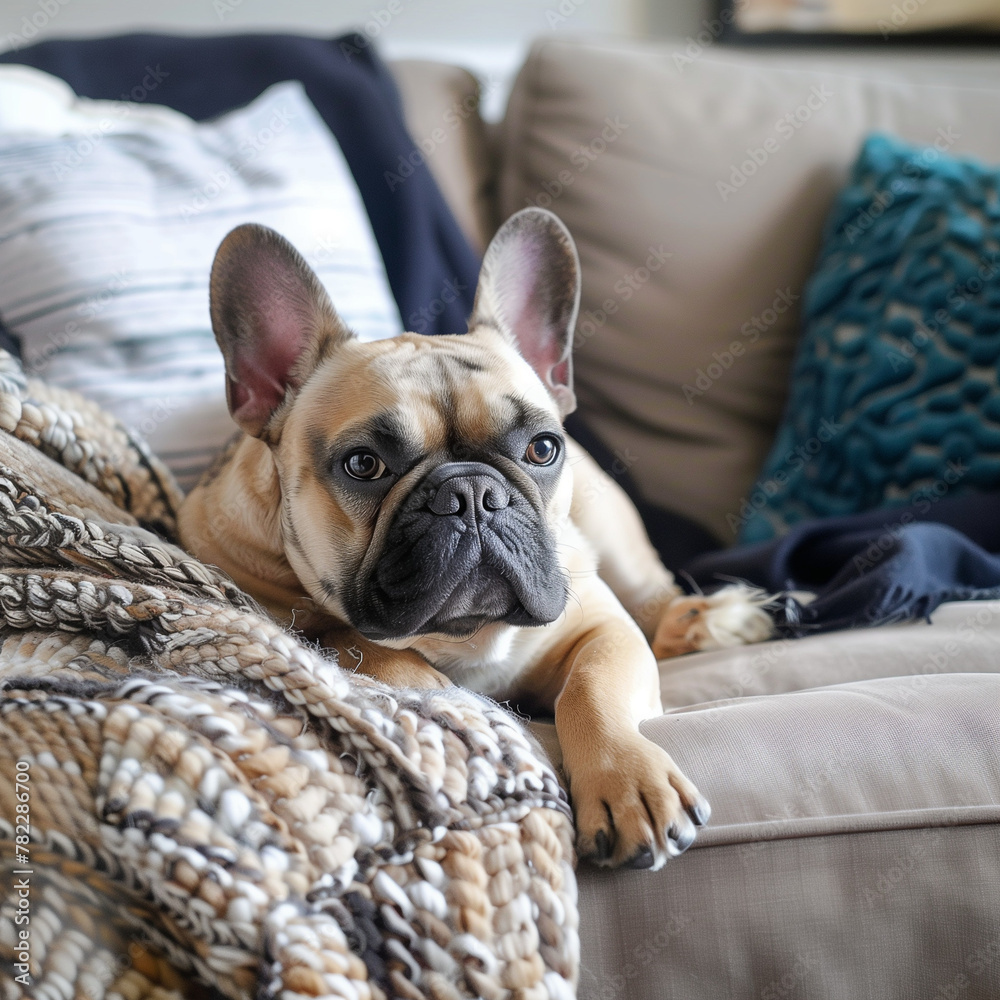 Funny dreamy pug with sad facial expression lying on the grey textile couch with blanket and cushion. Funny dreamy pug with sad facial expression lying on the grey textile couch with blanket and cushion.