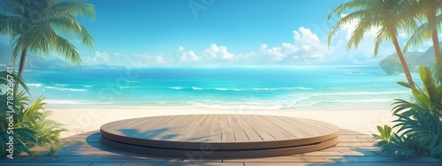 tropical beach with sand and palm trees. A panoramic view of the ocean waves on a summer day. A wooden podium for product presentation or display stand mock up