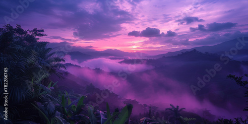 Majestic Purple Sunrise Over Misty Mountain Landscape