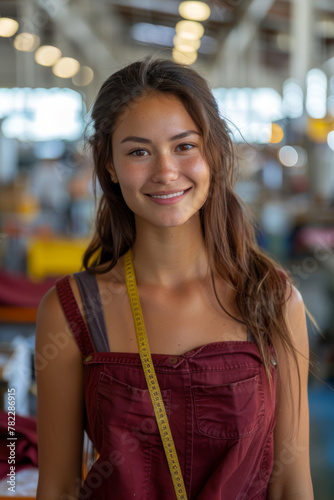 Smiling Young Woman in Casual Wear at a Marketplace