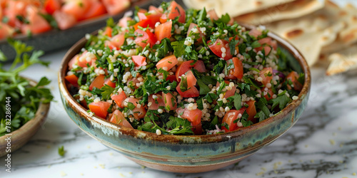 Fresh Homemade Tabbouleh Salad in Rustic Bowl on Marble Background