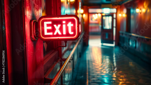 A neon exit sign in a corridor