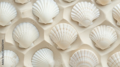 A harmonious pattern of white seashells neatly arranged on a textured sandy background, invoking a sense of calm and natural beauty in a simplistic design. Minimal summer beach concept. 