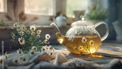 Glass teapot with chamomile on table