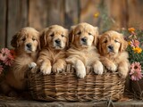 Golden retriever newborns in a basket, a bundle of joy and fluff