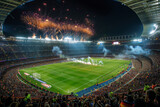 Stadium with Spectators and Fireworks Display at Night