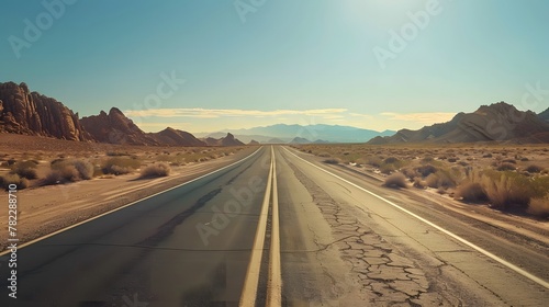 Route 66 highway road in the evening sunset with desert mountains in the background landscape