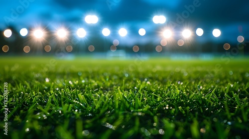 Universal grass stadium illuminated by spotlights and empty green grass playground. football. Generative Ai. photo
