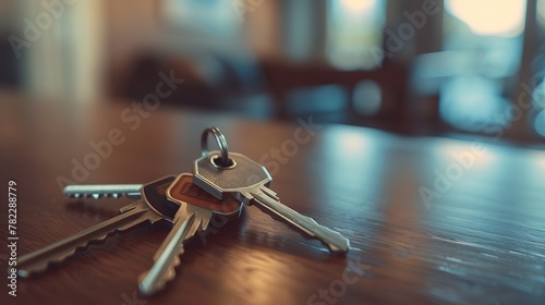 Keys on the table in new apartment or hotel room. Mortgage, investment, rent, real estate, property concept.