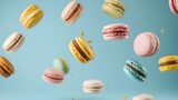 A colorful macaroon falling into a puddle of water with other macaroons nearby on a blue background. Generative AI