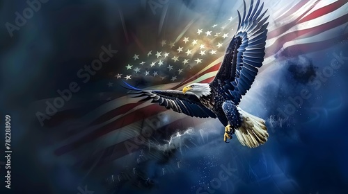 Bald eagle flies against American flag background created with generative AI technology. Memorial day, Independence Day, Veterans Day. photo