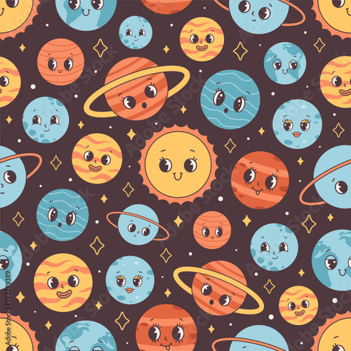 Seamless pattern with Solar System and space. Trendy groovy cartoon planet characters. Vector illustration in flat style