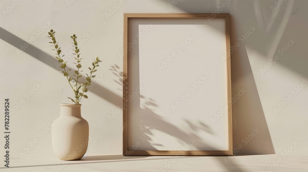 Mockup of an empty poster frame in a white wall living room with a wooden sideboard with small green plants Mockup of an empty poster frame in a white wall living room with a wooden sideboard with small green plants