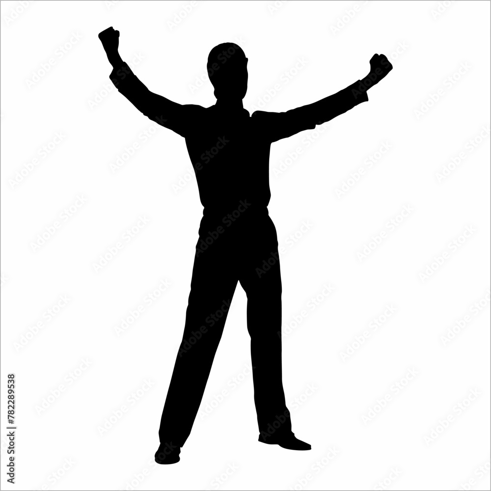 Silhouette of a man raising his hands, happy, successful, music, disc jockey, music hall