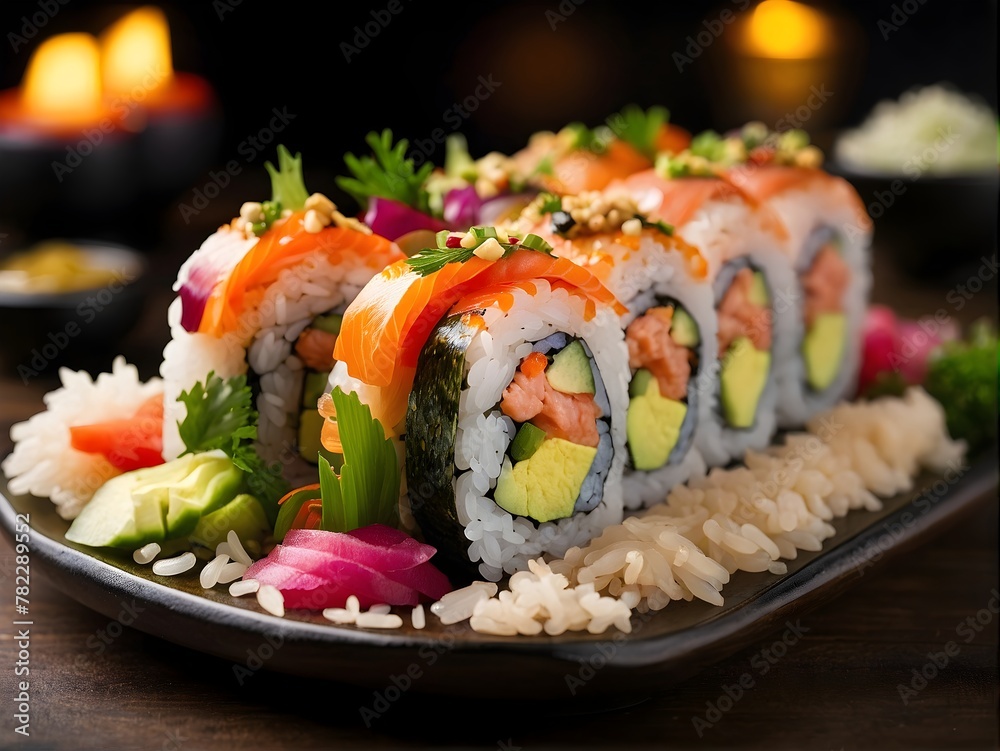 Close up roll sushi with vegetables on white rice plate Close up roll sushi with vegetables on white rice plate