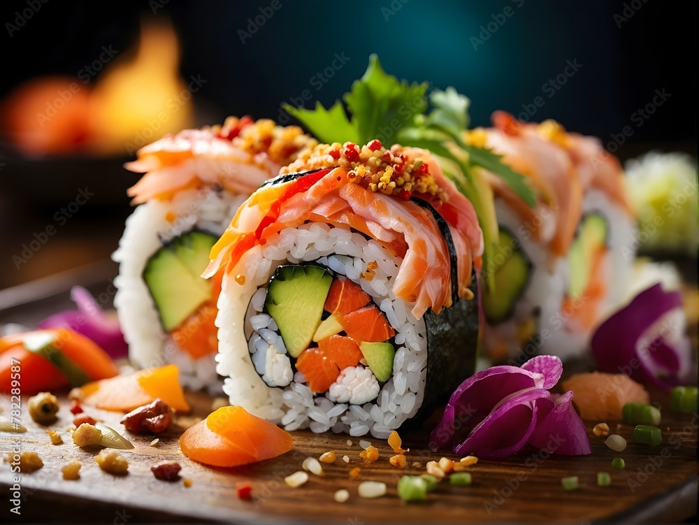 Close up roll sushi with vegetables on white rice plate Close up roll sushi with vegetables on white rice plate