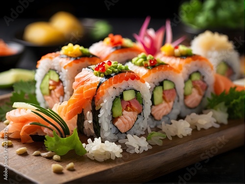 Close up roll sushi with vegetables on white rice plate