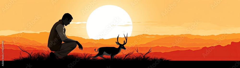 A vet carefully extracts a thorn from a limping gazelle's foot in the golden savannah, under the watchful eye of the setting sun - obrazy, fototapety, plakaty 