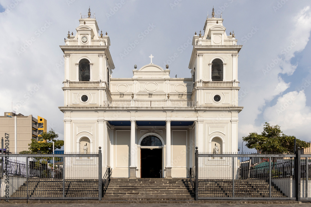 Entrance of Our lady of Soltitude catholic church in baroque style the center of San Jose in Costa Rica