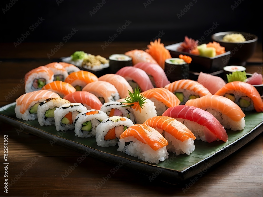 Close up roll sushi with vegetables on white rice plate Close up roll sushi with vegetables on white rice plate