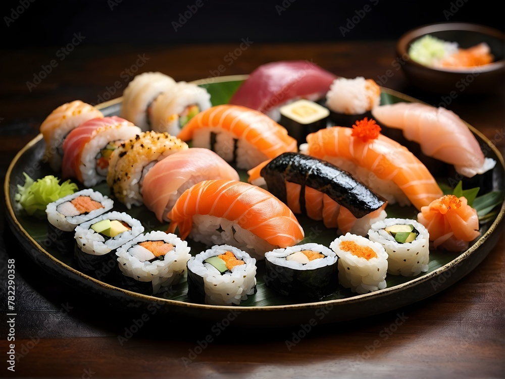Close up roll sushi with vegetables on white rice plate Close up roll sushi with vegetables on white rice plate